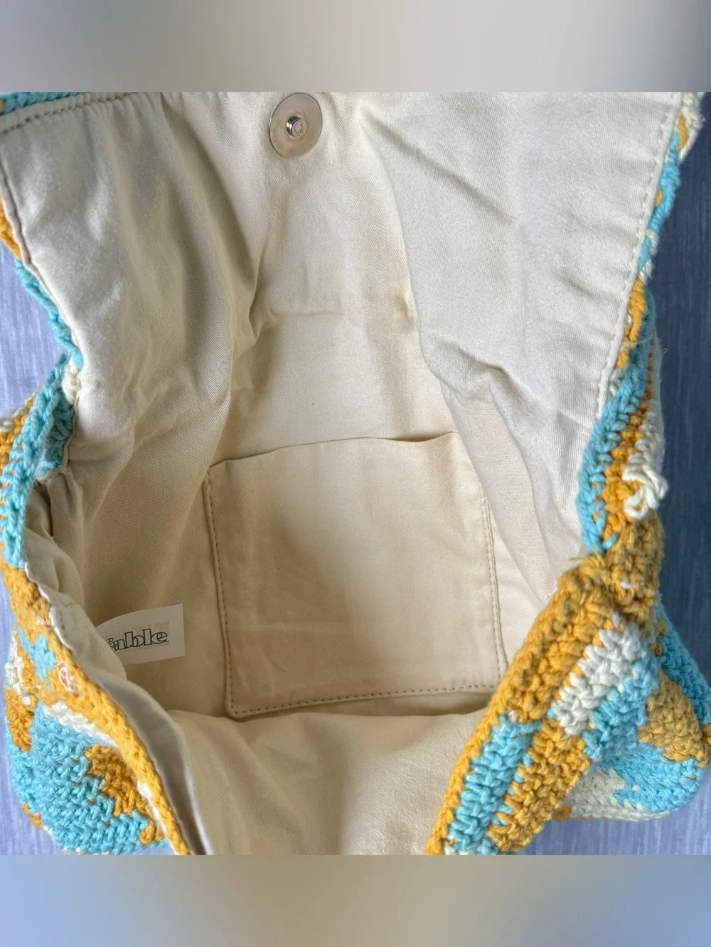 Wild Fable Sky Blue Gold Cream Boho Crochet Clutch Wristlet Crossbody Bag